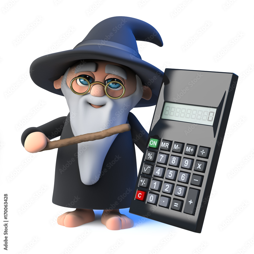3d Funny cartoon wizard magician points to a calculator with his magic wand