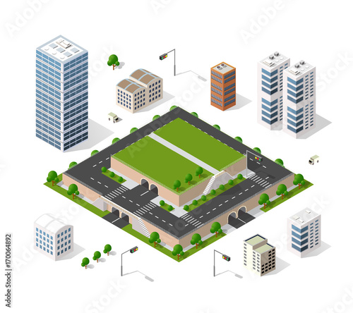 Set of isometric objects and elements for construction and constructing the urban area of the city infrastructure with transport, streets, houses and trees