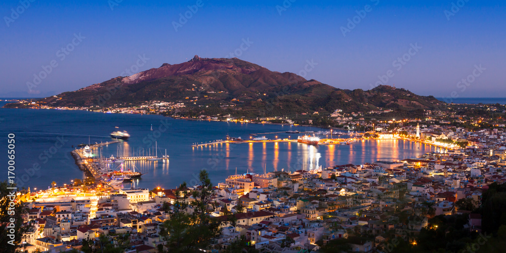 Panoramic Aerial night view of Zakynthos city in  Zante island, in Greece