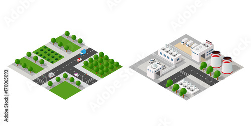Set of isometric modules for construction and constructing the urban area of the city infrastructure with transport, streets, houses and trees