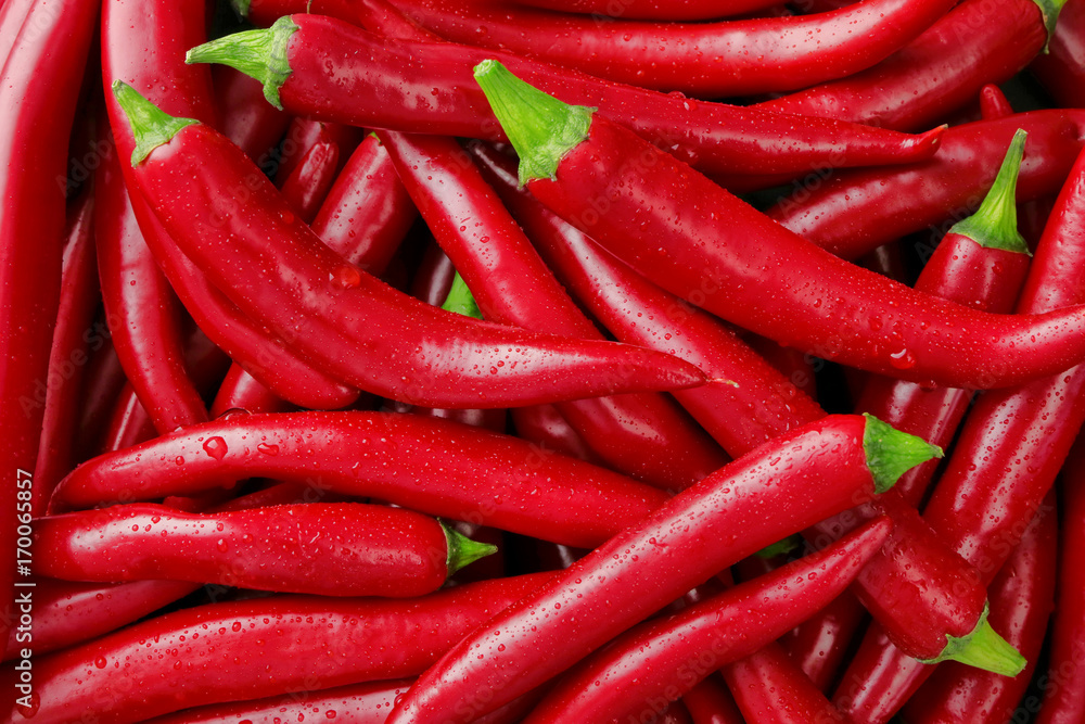 Many red chili peppers as background