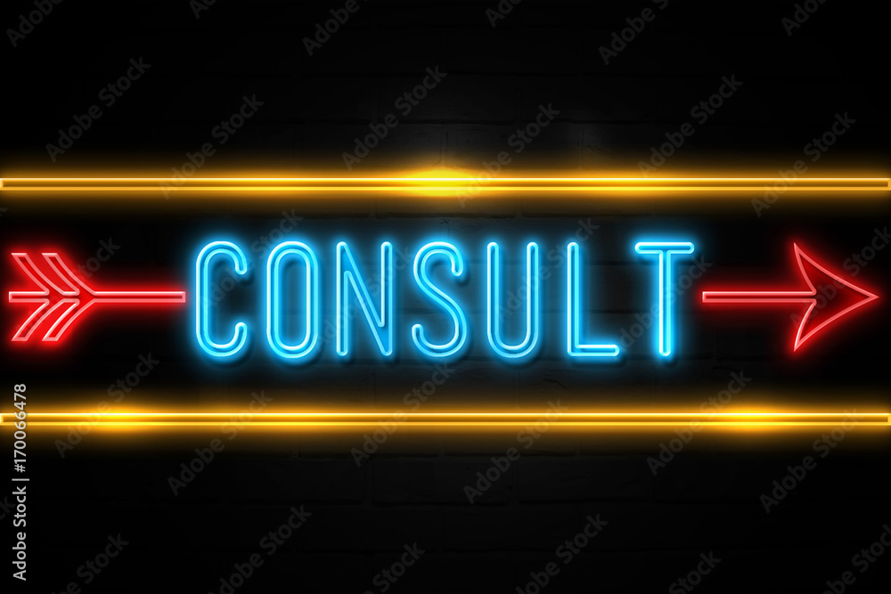 Consult - fluorescent Neon Sign on brickwall Front view Consult - fluorescent Neon Sign on brickwall Front view