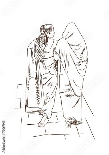 Hand drawn sketch of Indian ladies walking with wearing sari in vector.