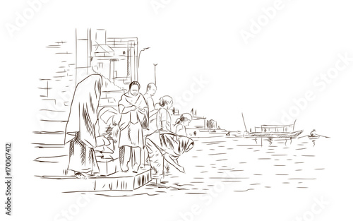 Hand drawn sketch of People on Varanasi ghat in vector.
