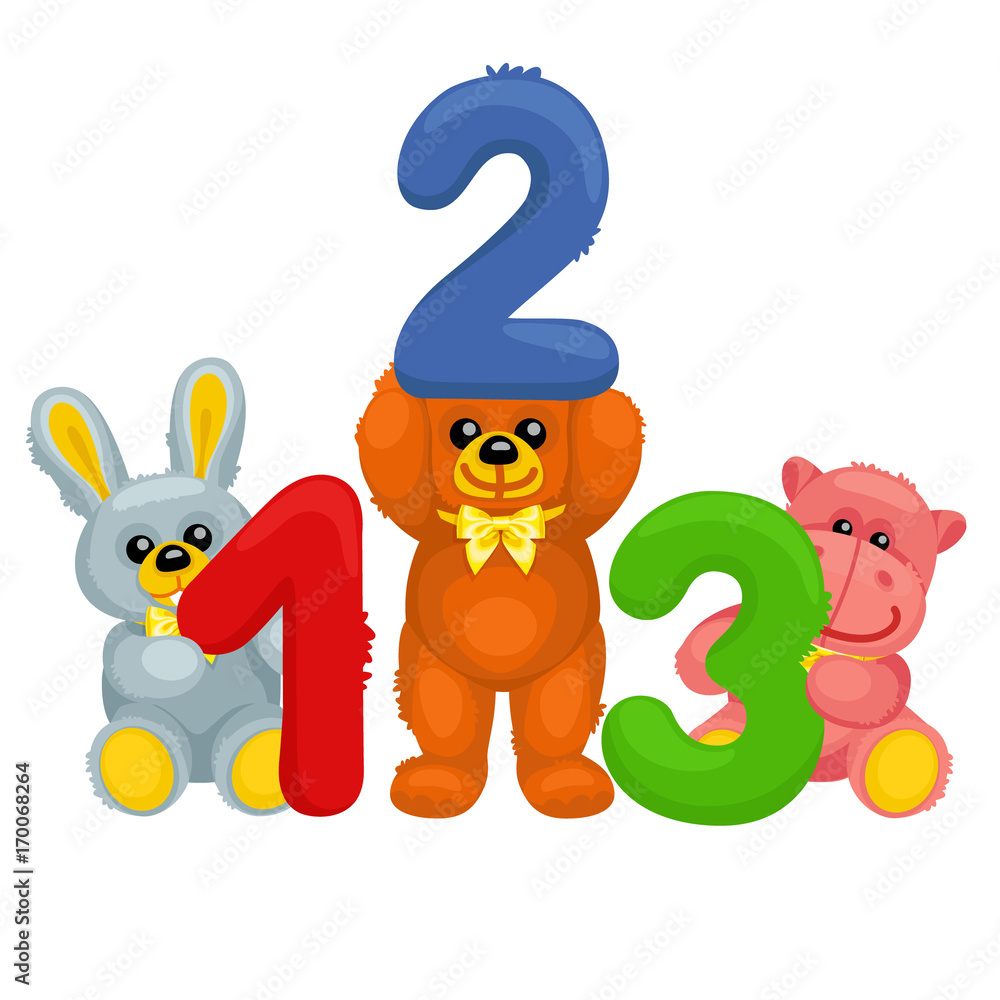 There are plush bear, bunny, panda and hippo holding numbers / The plush bunny holding the number “1”, the bear holding the number “2”, and the hippo holding the number “3” There are plush bear, bunny, panda and hippo holding numbers / The plush bunny holding the number “1”, the bear holding the number “2”, and the hippo holding the number “3”
