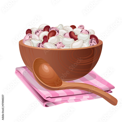 Wooden bowl with white, red, and pink beans in it / Wooden bowl stands on the pink striped napkin. There are many big white, red, and pink beans in the bowl and wooden spoon
