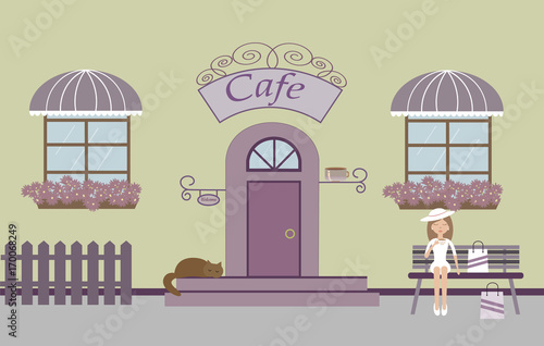Pretty scenery in a rustic style. A cafe, beautiful girl, shopping bags, two windows with a striped awnings, door, stairs, a cat, flowers.A cute bench. A fence. Vector illustration 