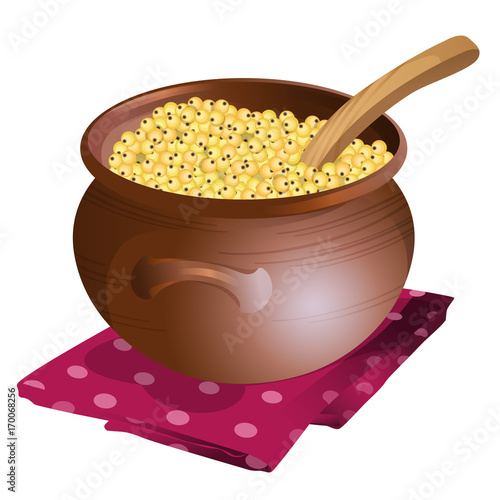 Clay pot with millet porridge in it / Clay pot stands on the red napkin in polka dot. There is millet porridge in the pot and wooden spoon stay in the pot
