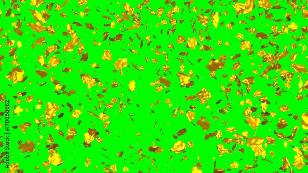 Animated heavy rain of gold flakes in slow motion against green background. Animated heavy rain of gold flakes in slow motion against green background.