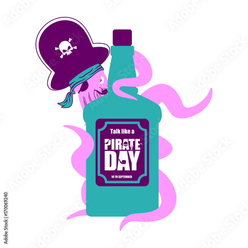 International Talk Like A Pirate Day. Octopus pirate and bottle of rum. poulpe buccaneer and brandy. Eye patch and smoking pipe. pirates cap. Bones and Skull. See animal filibuster and binge