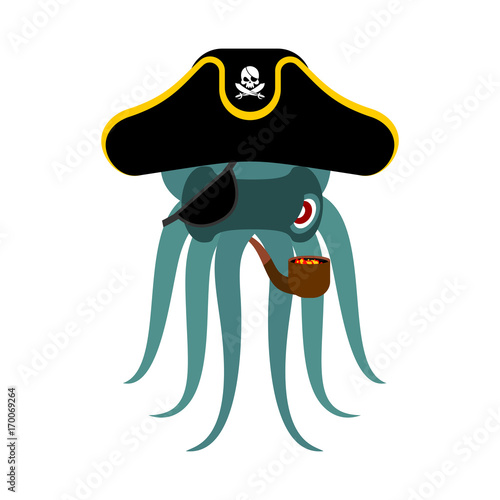 Octopus pirate. poulpe buccaneer. Eye patch and smoking pipe. pirates cap. Bones and Skull. See animal filibuster