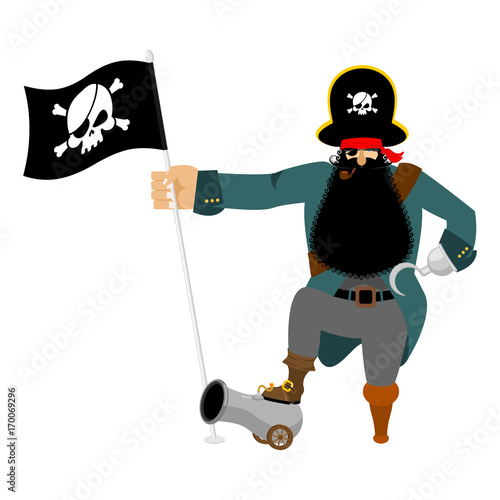 Pirate Hook and cannon. Eye patch and smoking pipe. filibuster cap. Bones and Skull. Head corsair black beard. buccaneer Wooden foot