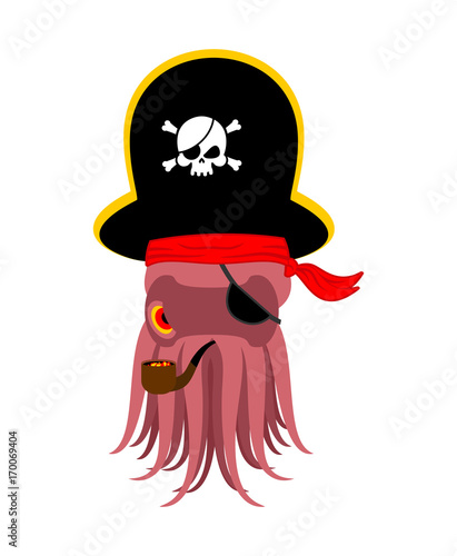 Octopus pirate. poulpe buccaneer. Eye patch and smoking pipe. pirates cap. Bones and Skull. See animal filibuster