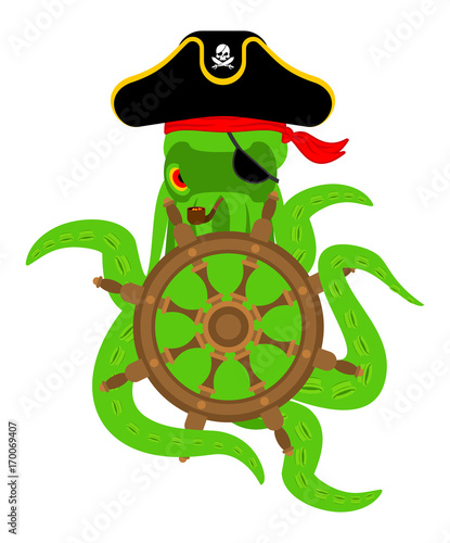Octopus pirate and Handwheel. poulpe buccaneer and Rudder. Eye patch and smoking pipe. pirates cap. Bones and See animal filibuster