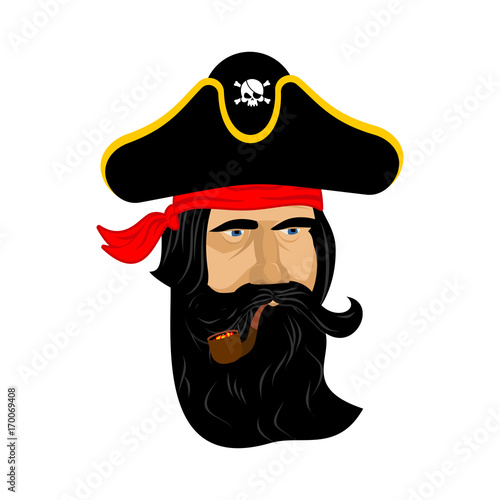 Pirate portrait in hat. Eye patch and smoking pipe. filibuster cap. Bones and Skull. Head corsair black beard.