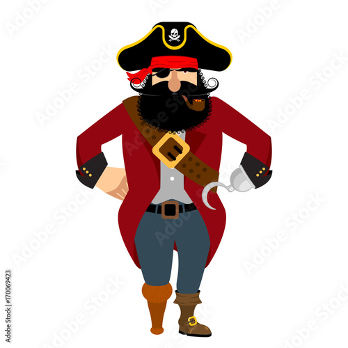 Pirate isolated. Eye patch and smoking pipe. filibuster cap. Bones and Skull. Head corsair black beard. buccaneer Wooden foot