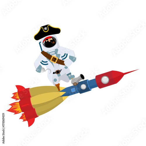 Space pirate on rocket. filibuster spaceman. buccaneer Cosmonaut in protective suit. rover astronaut in helmet. Eye patch and smoking pipe. pirates cap. Bones and Skull