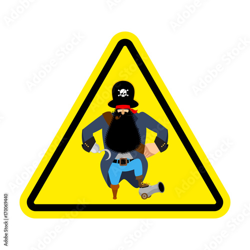 Attention pirate. Yellow warning sign rover. Caution filibuster