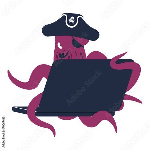 Web pirate Octopus and laptop. poulpe internet hacker and PC. devilfish buccaneer and computer. Eye patch and smoking pipe. pirates cap. Bones and Skull. See animal filibuster