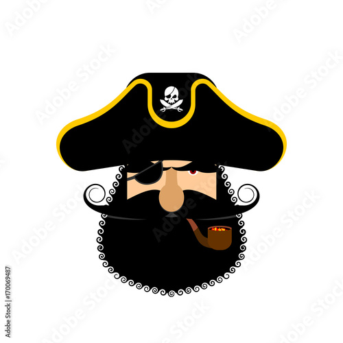 Pirate portrait in hat. Eye patch and smoking pipe. filibuster cap. Bones and Skull. Head corsair black beard.