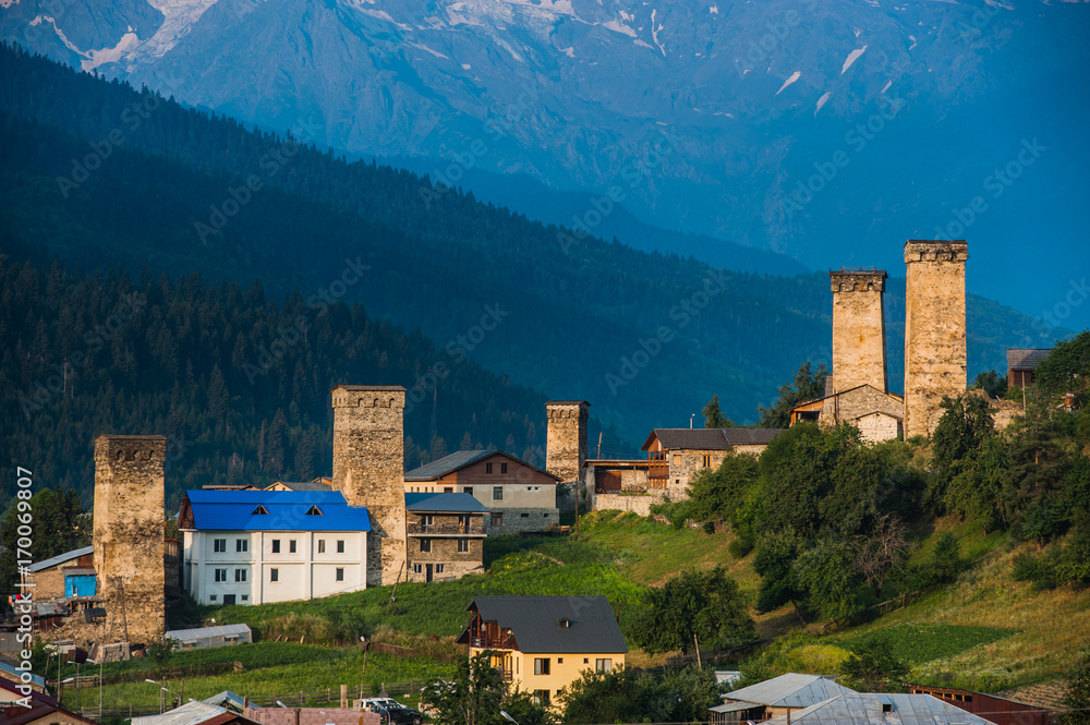 Svan towers in Mestia, Svaneti region, Georgia 