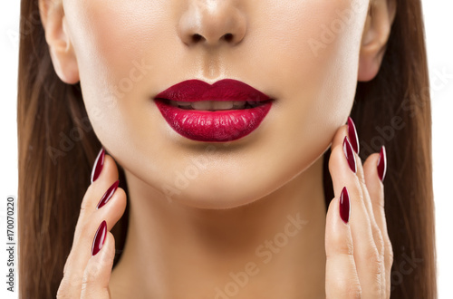 Lips Nail Closeup, Woman Beauty Makeup, Red Lipstick and Face Skin Care