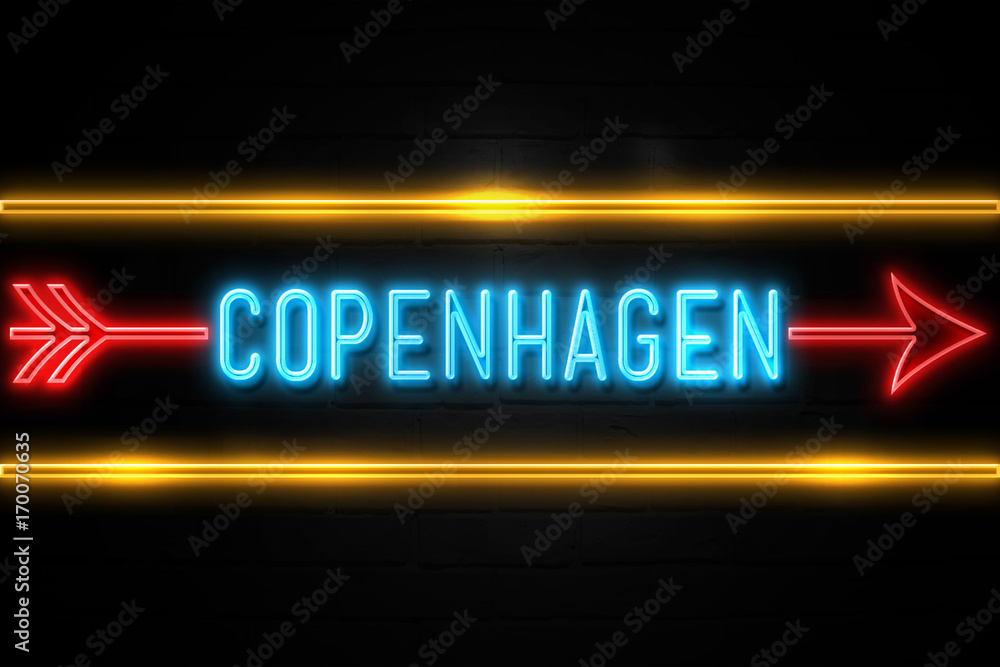 Copenhagen  - fluorescent Neon Sign on brickwall Front view