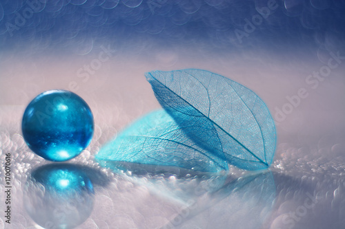 A glass blue ball and a transparent leaf skeleton on a glass table with reflection and a beautiful bokeh.