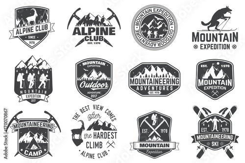 Vintage typography design with mountaineers and mountain silhouette.