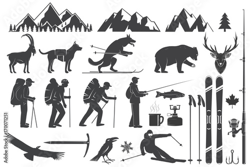 Mountaineering, hiking, climbing, fishing, skiing and other adventure icons.