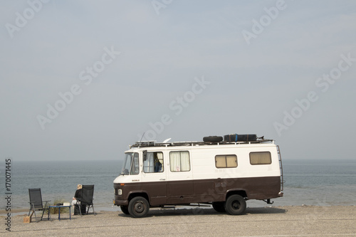 Motor-home, camping-vans on the Brouwersdam, the seventh structure of the Delta Works.