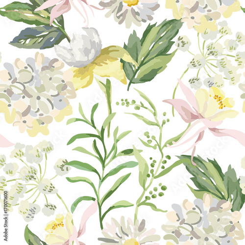 White flowers and green leaves on the white background. Vector seamless pattern. Hydrangea  daisy  aquilegia  iris. Cottage garden.