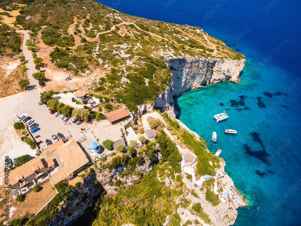 Aerial  view of  Agios Nikolaos blue caves  in Zakynthos (Zante) island, in Greece
