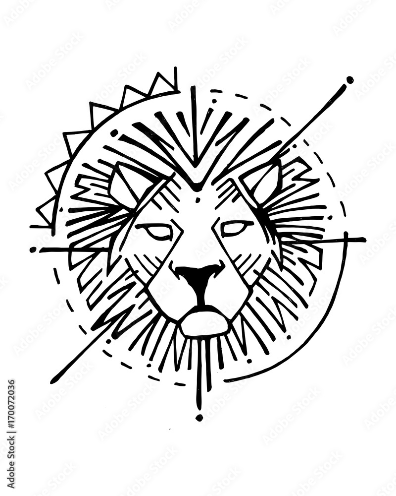 Naklejka premium Lion head hand drawn symbol ink illustration