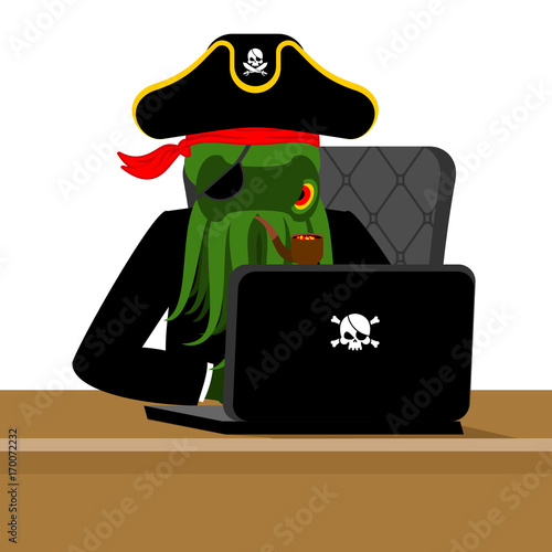 Web pirate Octopus and laptop. poulpe internet hacker and PC. devilfish buccaneer and computer. Eye patch and smoking pipe. pirates cap. Bones and Skull. See animal filibuster