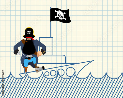 Pirate on ship. Painted ship and buccaneer. Scary filibuster with hook. Notebook