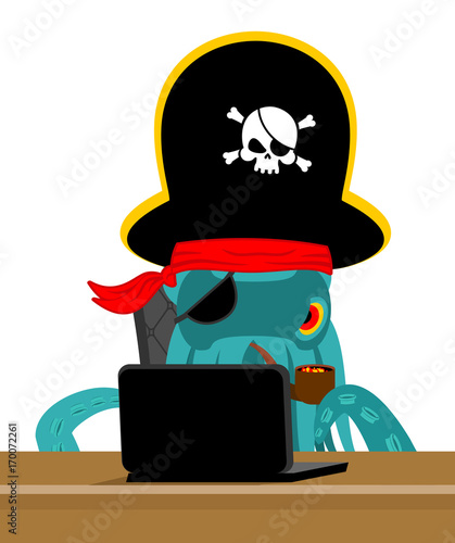 Web pirate Octopus and laptop. poulpe internet hacker and PC. devilfish buccaneer and computer. Eye patch and smoking pipe. pirates cap. Bones and Skull. See animal filibuster