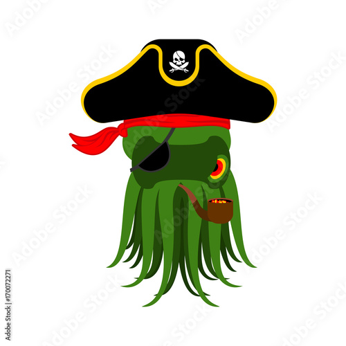 Octopus pirate. poulpe buccaneer. Eye patch and smoking pipe. pirates cap. Bones and Skull. See animal filibuster