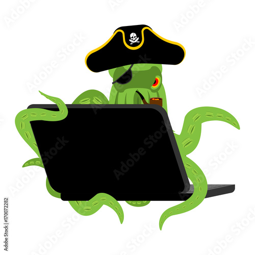 Web pirate Octopus and laptop. poulpe internet hacker and PC. devilfish buccaneer and computer. Eye patch and smoking pipe. pirates cap. Bones and Skull. See animal filibuster