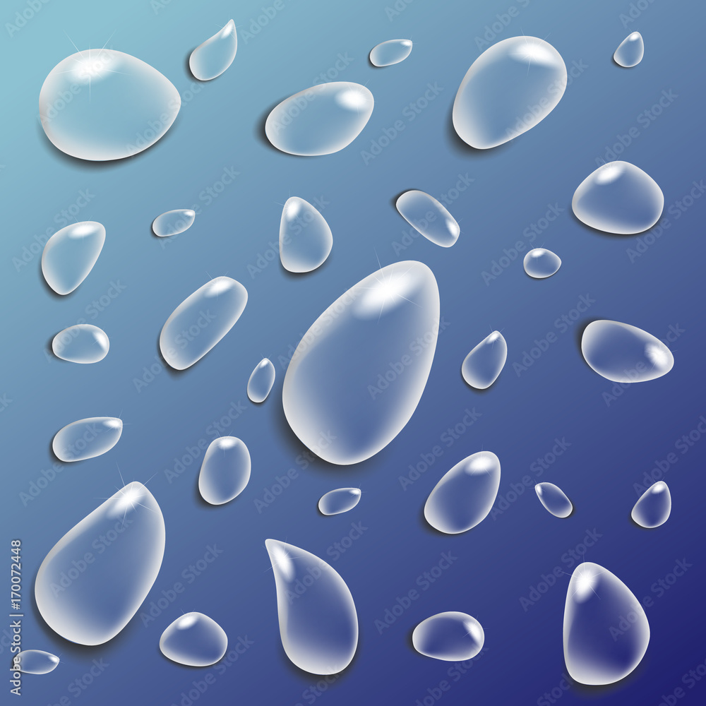 Transparent and realistic water droplets on a blue background.