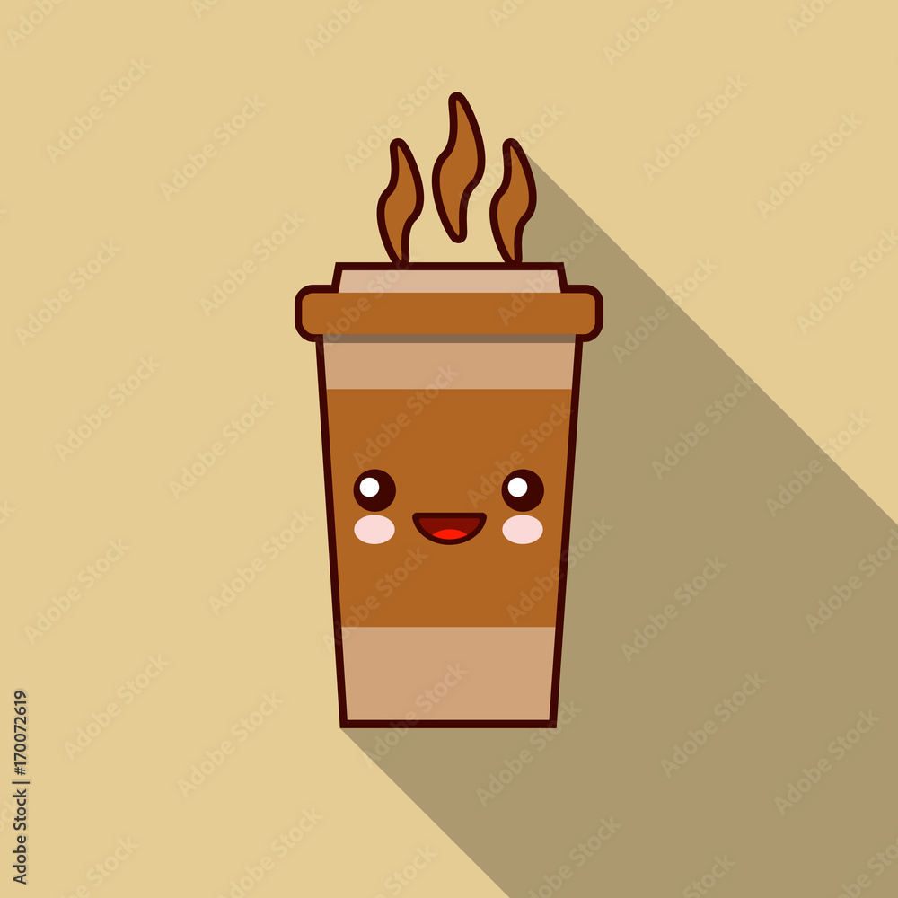 Character cup of coffee kawaii with long shadow. Smiling cup of coffee. Flat design Vector Illustration Character cup of coffee kawaii with long shadow. Smiling cup of coffee. Flat design Vector Illustration