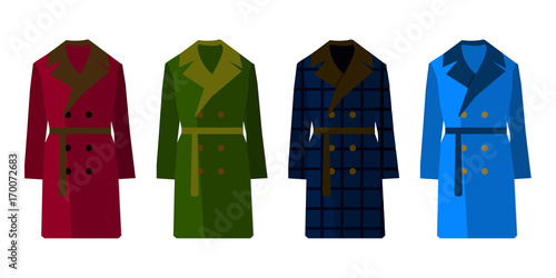 Male coat set different color. Flat design Vector Illustration