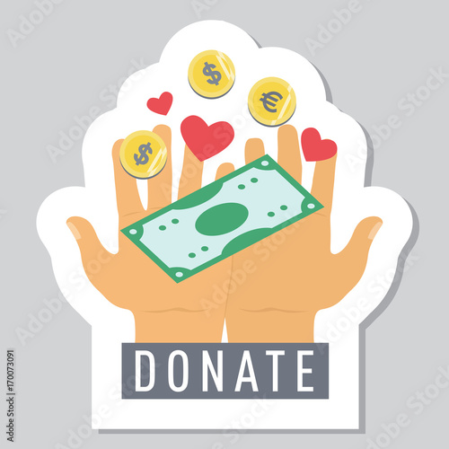 Donate button with hands and falling money. Help icon donation. Gift charity sicker. Isolated support design sign. Contribute, contribution, give money, giving symbol. Vector illustration art