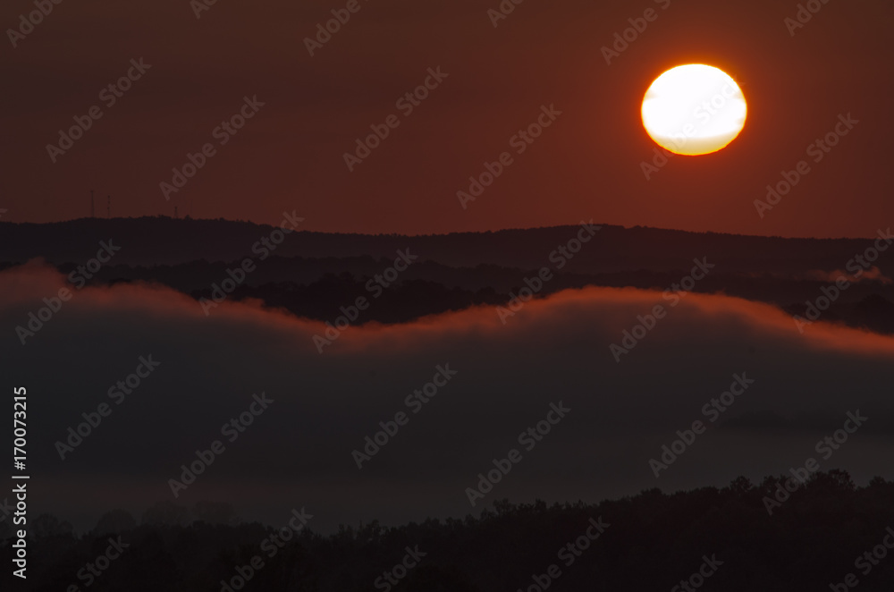 A morning sun over the foggy valleys near Heflin, Alabama, USA