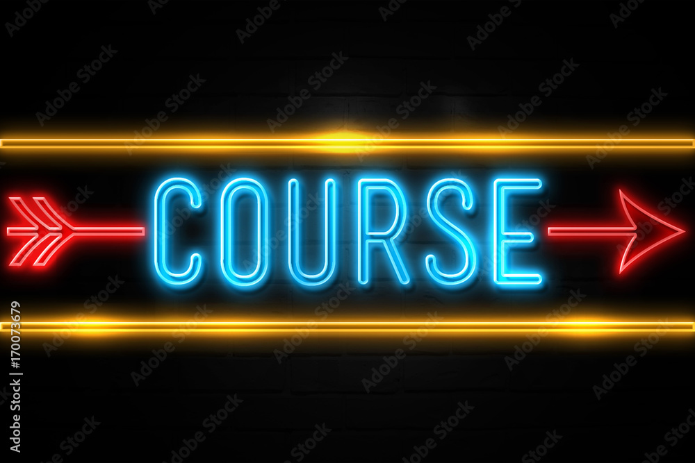Course - fluorescent Neon Sign on brickwall Front view Course - fluorescent Neon Sign on brickwall Front view