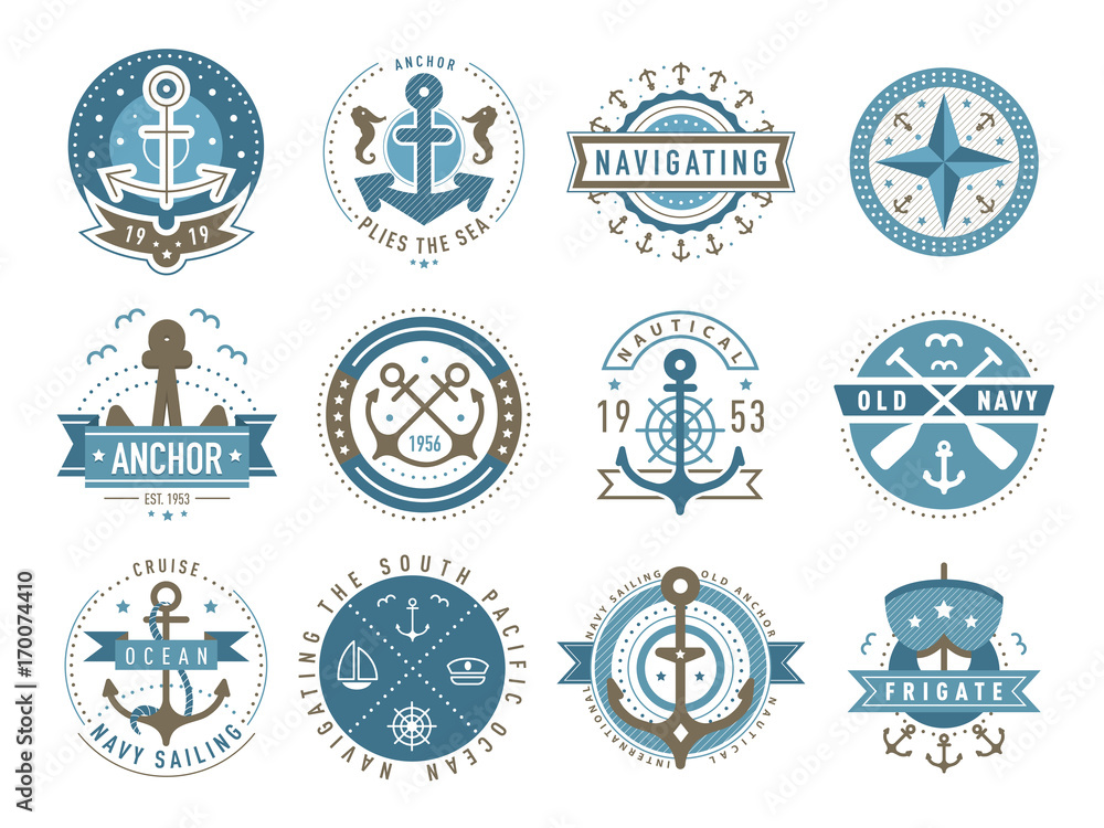 Nautical logos templates set. Vector object and icons. Marine labels, sea  badges, anchor logo design, graphic emblems. Anchor and ship silhouettes.  Boat, anchor, lighthouse, handwheel symbols. Stock Vector