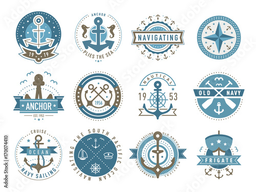 Nautical logos templates set. Vector object and icons. Marine labels, sea badges, anchor logo design, graphic emblems. Anchor and ship silhouettes. Boat, anchor, lighthouse, handwheel symbols.