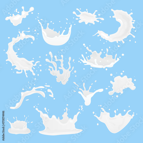 Set of 3D vector milk splash and pouring. Milk splash illustration, realistic natural dairy products, yogurt or cream, isolated on blue background. Print, template, design element. Vector illustration