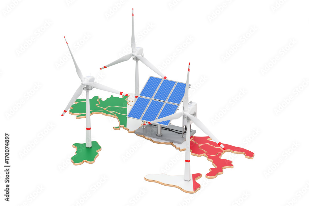 Renewable energy and sustainable development in Italy, concept. 3D rendering Renewable energy and sustainable development in Italy, concept. 3D rendering