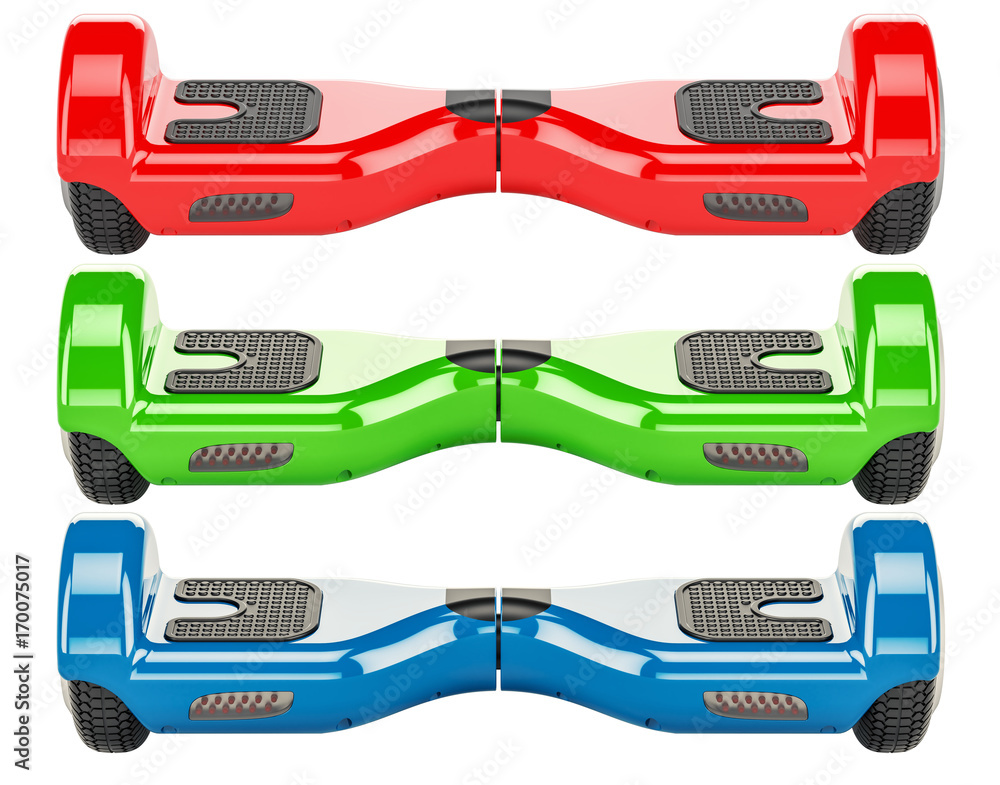 Naklejka premium set of colored hoverboards or self-balancing scooters, 3D rendering